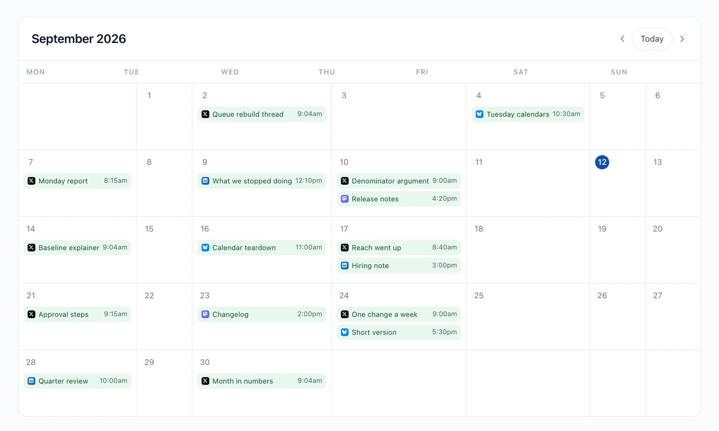 A month view in Hyvo showing scheduled posts placed on their days with times and network icons