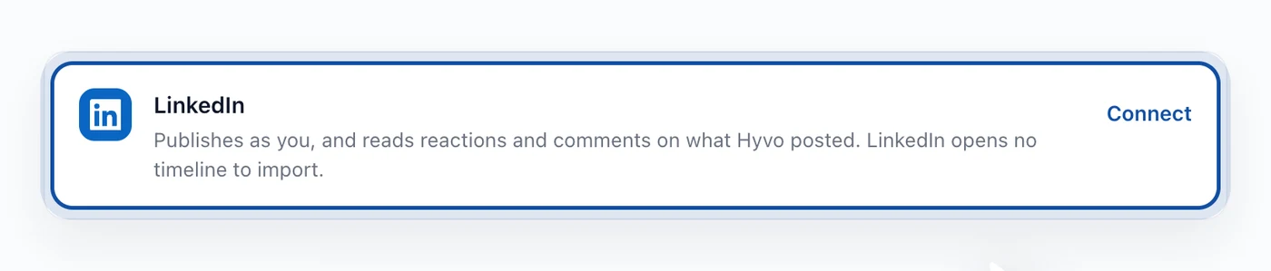 A connected LinkedIn account row 1400x299 "The row is explicit about the one thing people expect and do not get."