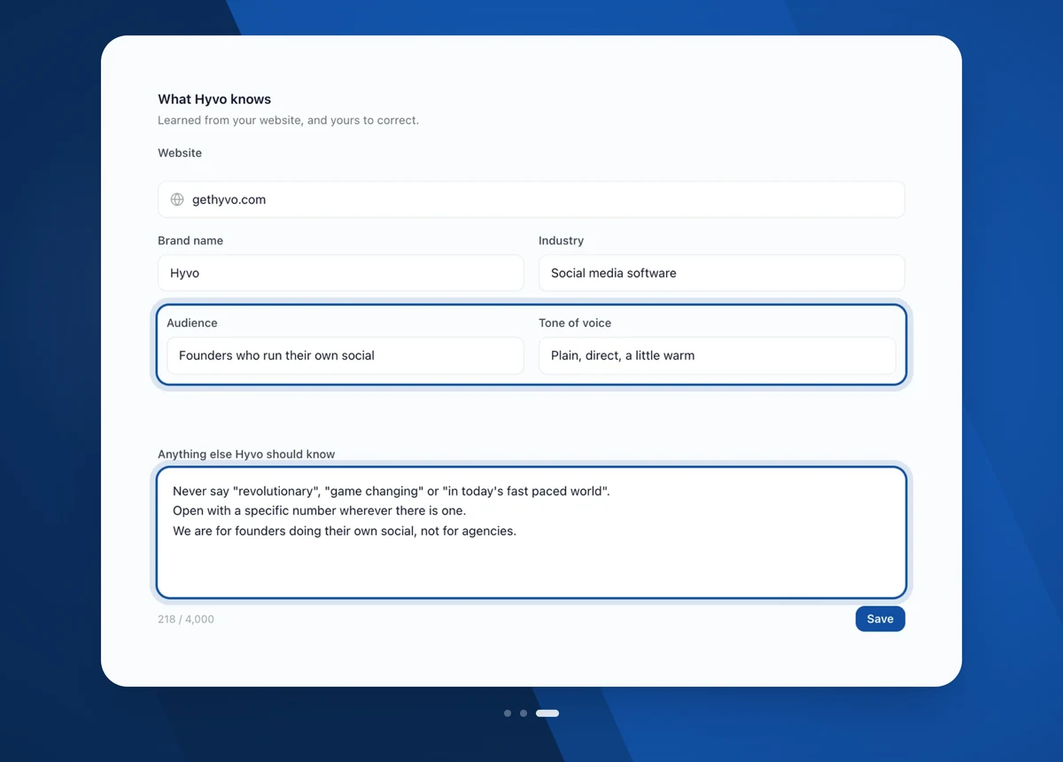The brand memory form in Hyvo, with tone of voice and audience filled in